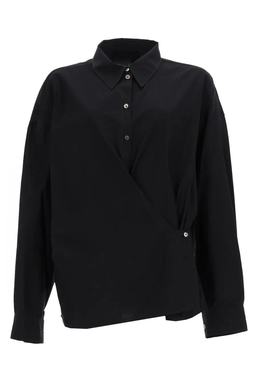 Lemaire women’s black long-sleeved button-up shirt with straight collar and asymmetrical front twisted design