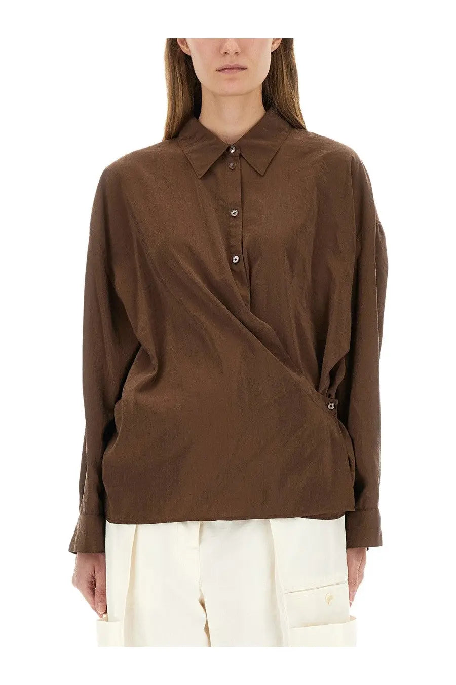 Lemaire women’s brown long-sleeved button-up shirt with subtle sheen and asymmetrical front twisted design