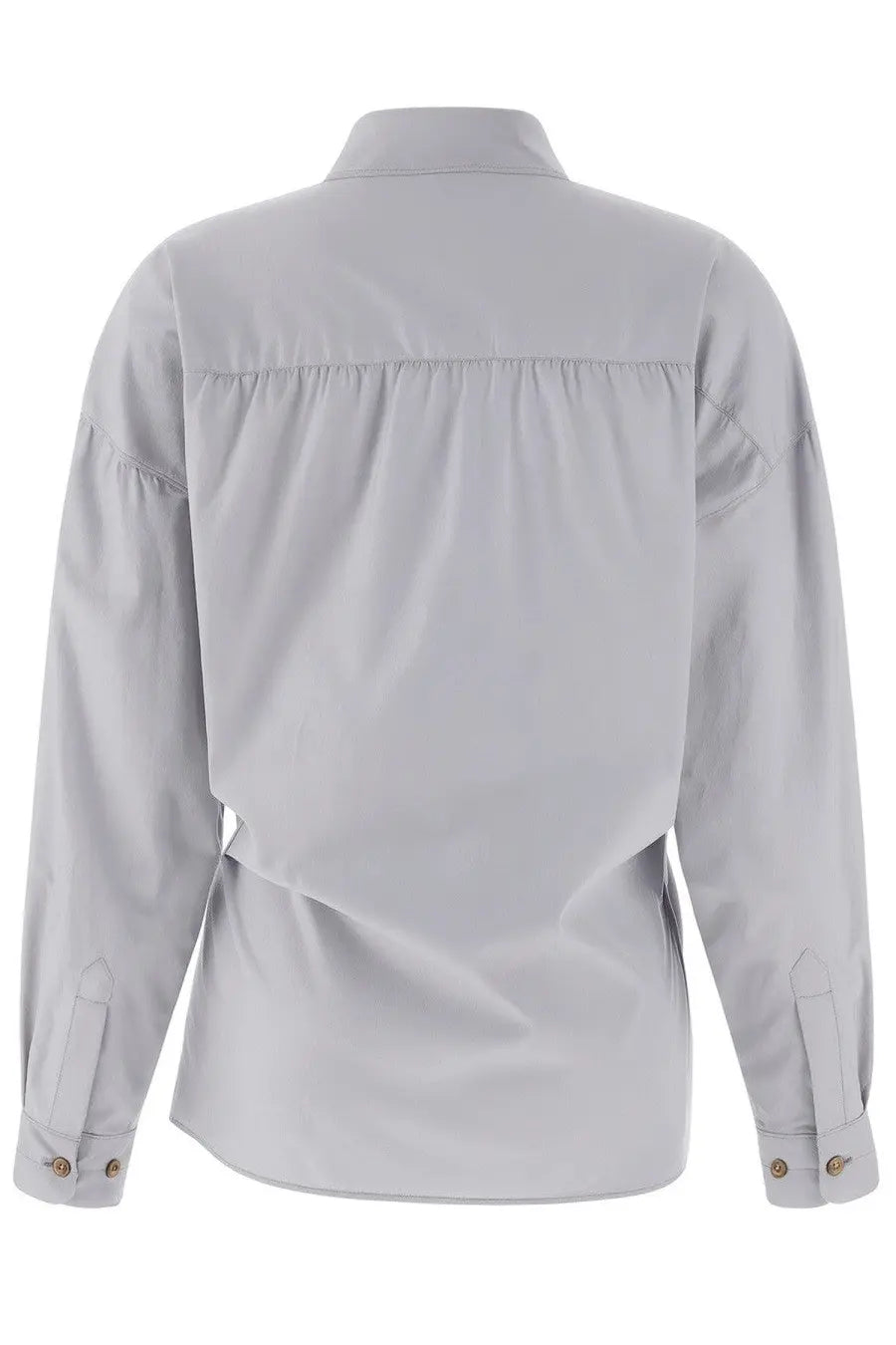 Lemaire women’s grey long-sleeved button-up shirt with straight collar, subtle gathered waistband, and fabric cuffs