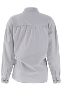 Lemaire women’s grey long-sleeved button-up shirt with straight collar, subtle gathered waistband, and fabric cuffs