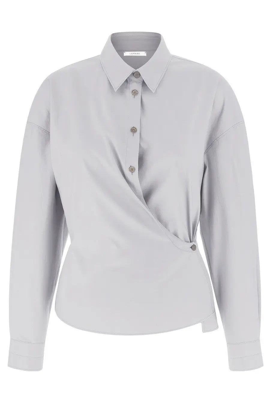 Lemaire women’s light gray long-sleeved straight collar shirt with a subtle front wrap design in soft fabric