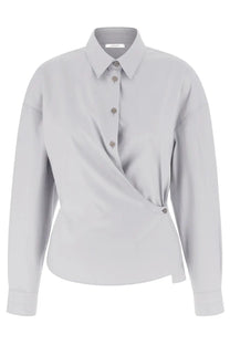 Lemaire women’s light gray long-sleeved straight collar shirt with a subtle front wrap design in soft fabric