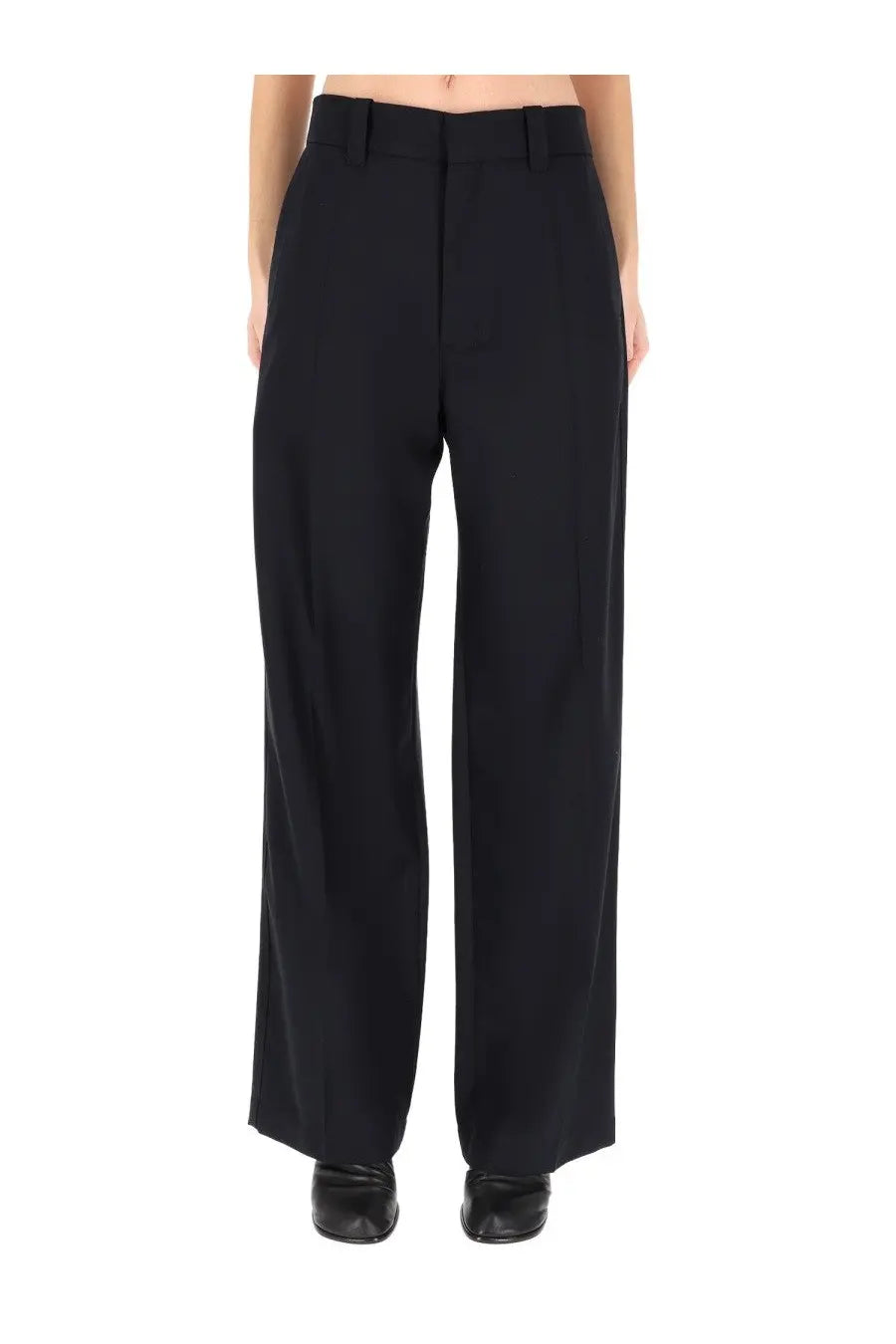 Black wide-leg trousers with tailored fit and clean straight seams from lemaire women’s straight pants blue collection