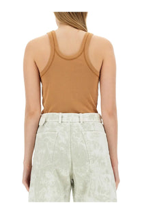 Lemaire women’s tan ribbed tank top with rounded neckline and thin shoulder straps in beige cotton blend