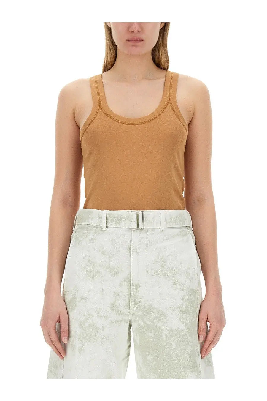 Lemaire women’s tan ribbed tank top with rounded neckline and thin straps in soft beige fabric