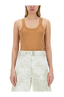 Lemaire women’s tan ribbed tank top with rounded neckline and thin straps in soft beige fabric