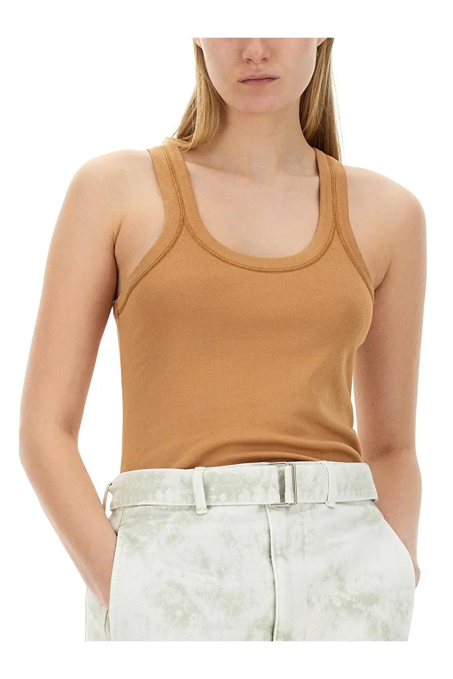 Lemaire women’s beige ribbed tank top with subtle stitching along the neckline and straps in tan color
