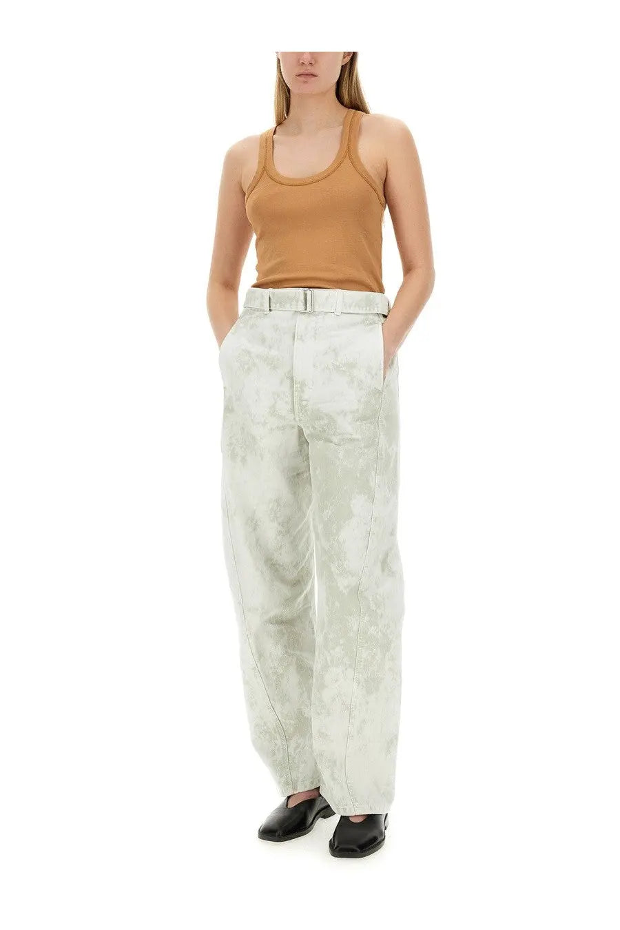 Lemaire women’s wide-leg trousers in light abstract tie-dye pattern with matching belt and beige tank top