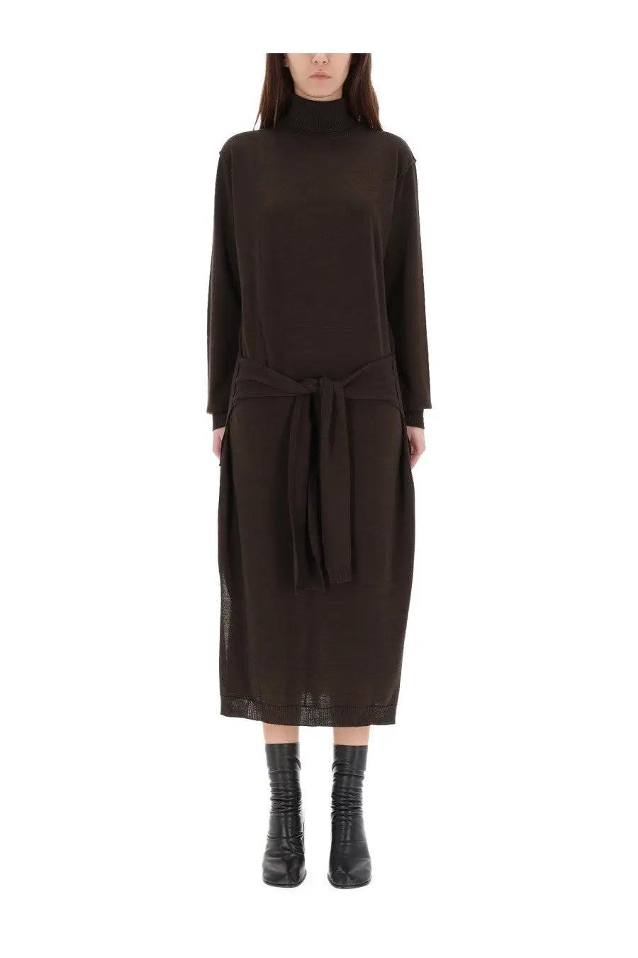 Lemaire women’s trompe loeil midi dress in dark brown with a sleek turtleneck, tied waistband, and sheer mesh hem panels