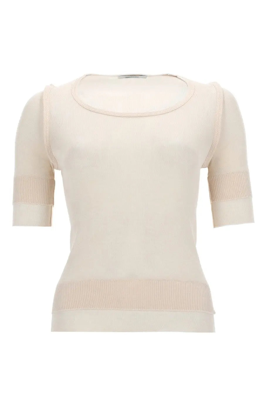 Cream-colored knit top with short sleeves ribbed cuffs hem and neckline made of viscose and silk by lemaire