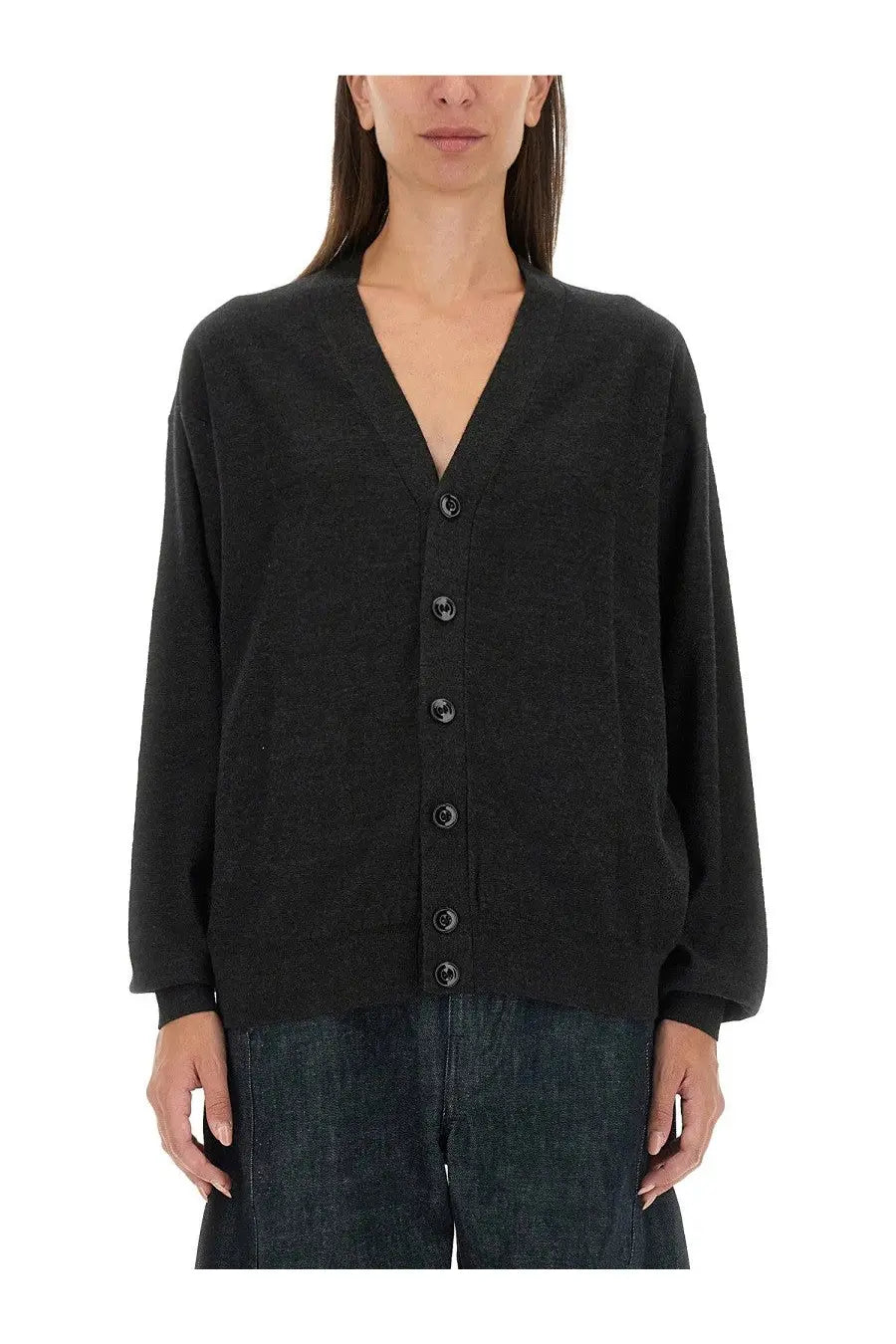 Lemaire women’s twisted cardigan grey black v neck with subtle texture and dark buttons in soft knit fabric