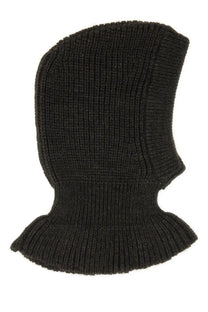 Black ribbed knit balaclava with snug fit and folded edge in wool and alpaca blend for women by lemaire