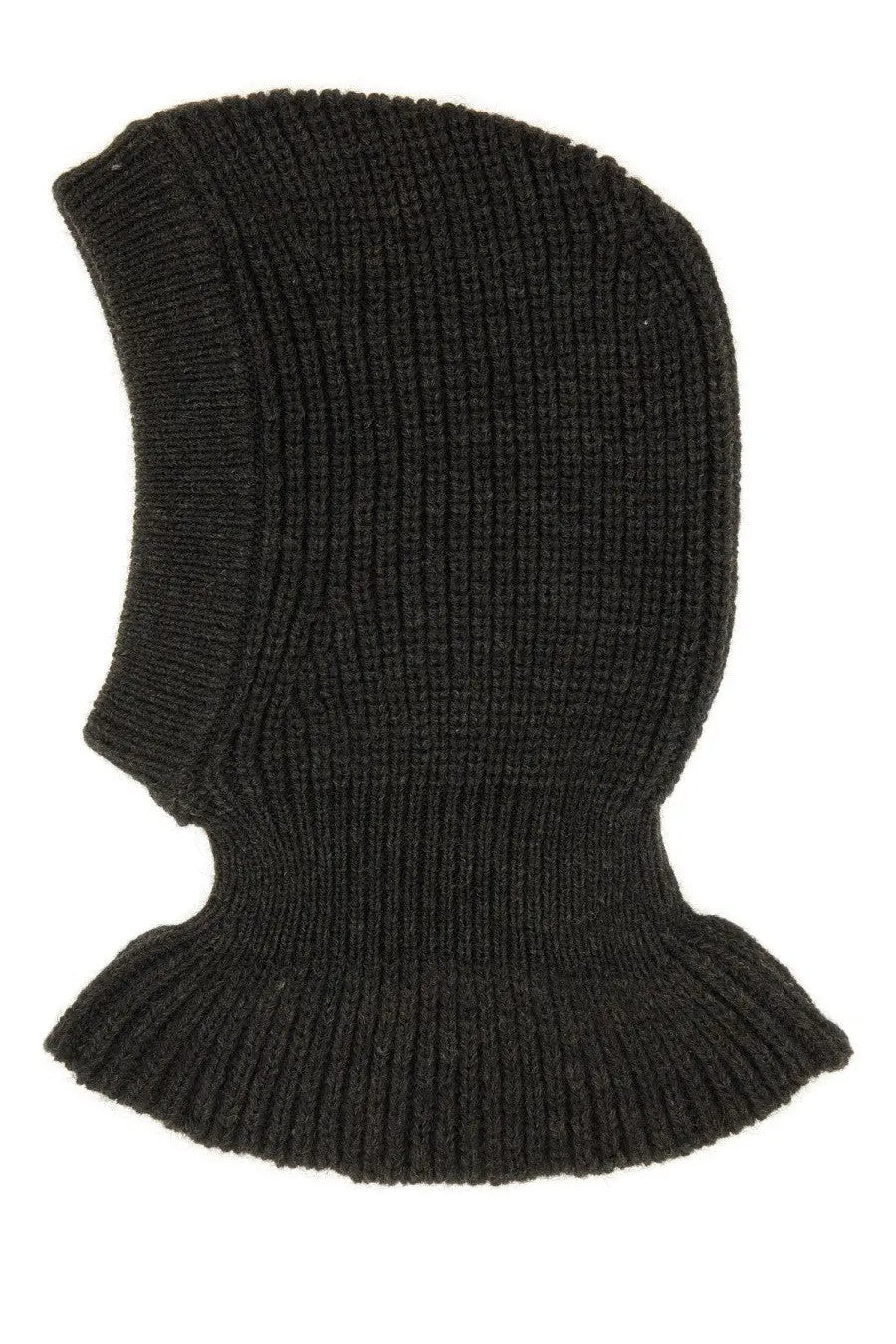 Black ribbed knit balaclava with snug fit and folded hem paired with lemaire women wool and alpaca blend brown hood