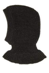Black ribbed knit balaclava with snug fit and folded hem paired with lemaire women wool and alpaca blend brown hood