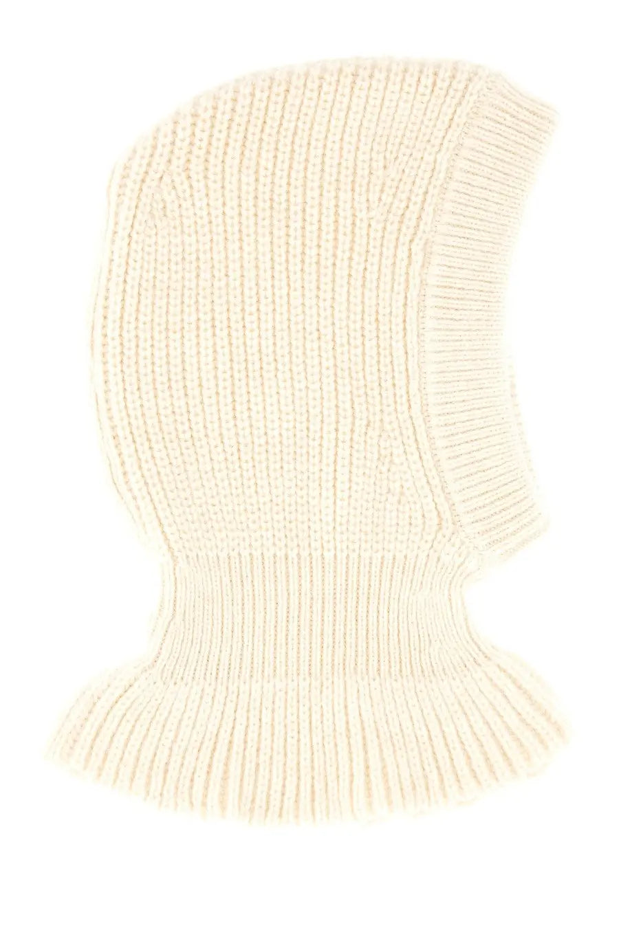 Cream-colored ribbed knit balaclava with snug textured fit in lemaire women’s wool and alpaca blend hood white