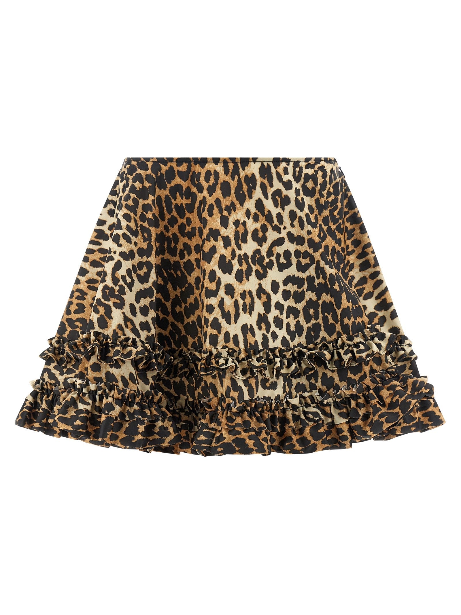 Ganni Leopard Duchesse Nylon Mini Frill Skirt Brown