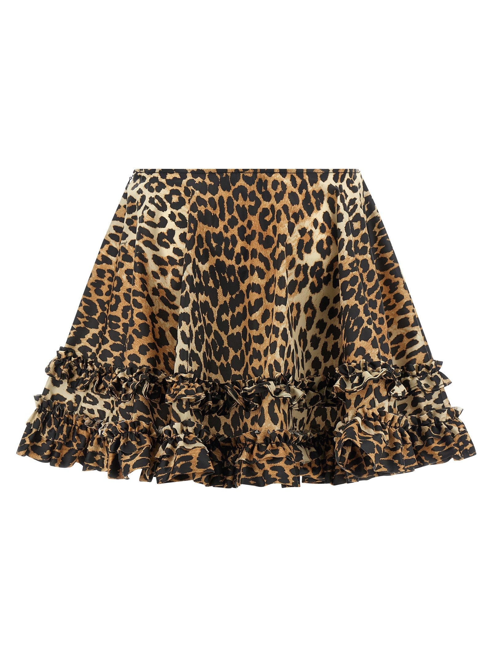 Ganni Leopard Duchesse Nylon Mini Frill Skirt Brown