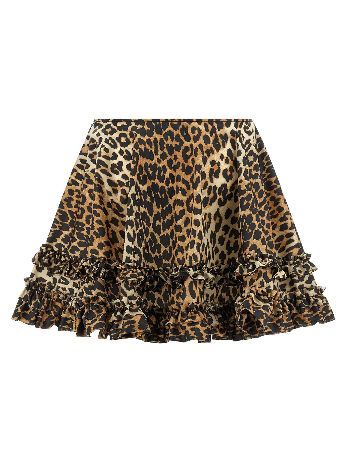 Ganni Leopard Duchesse Nylon Mini Frill Skirt Brown, view 2