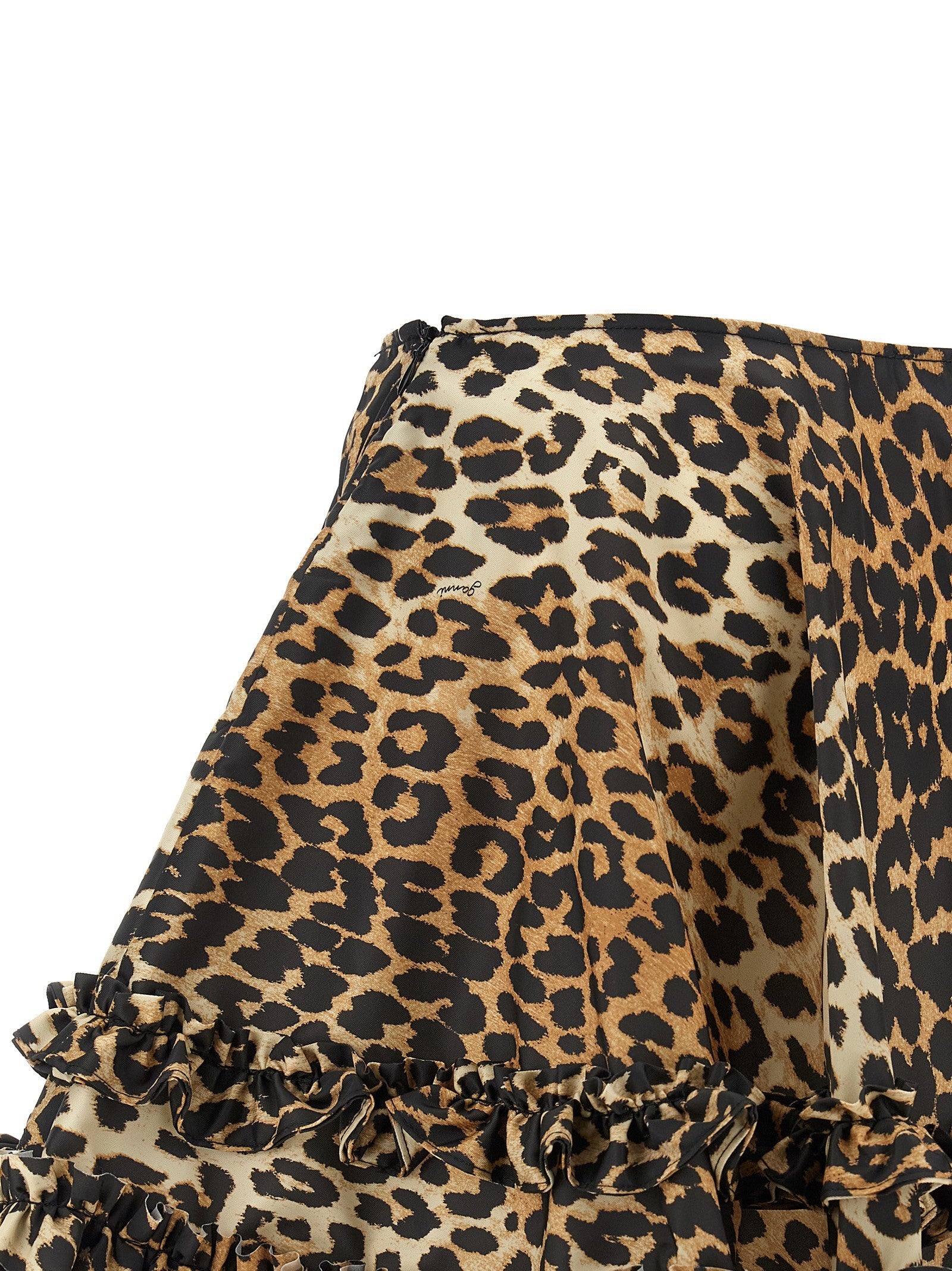 Ganni Leopard Duchesse Nylon Mini Frill Skirt Brown