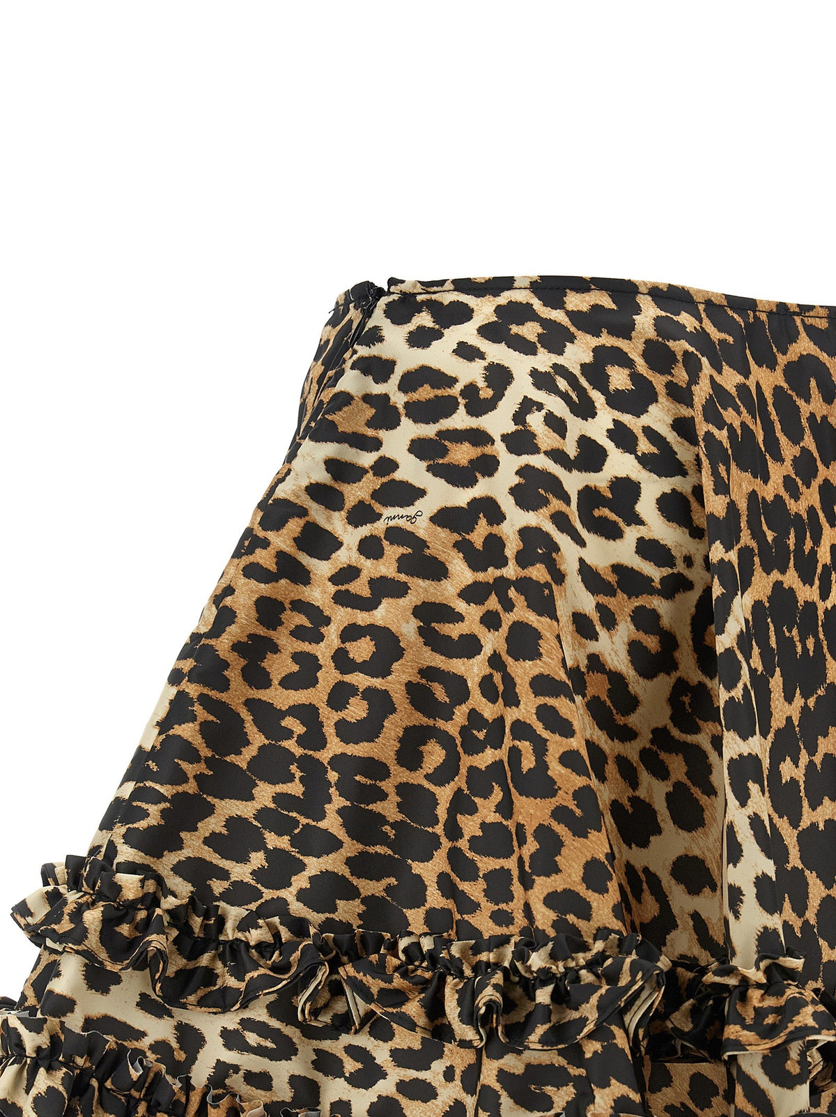 Ganni Leopard Duchesse Nylon Mini Frill Skirt Brown, view 4
