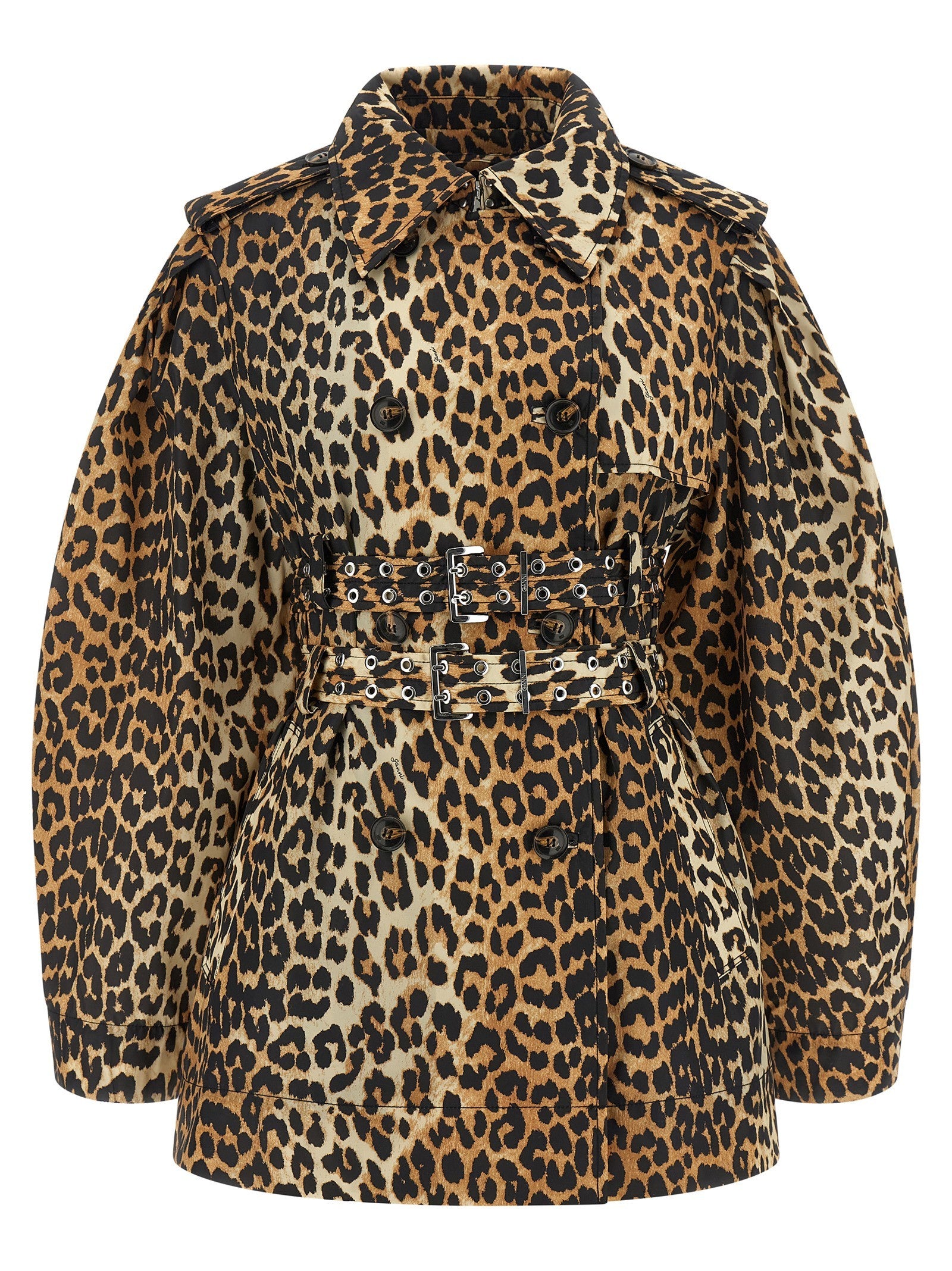 Ganni Leopard Duchesse Nylon Short Trench Coat Brown