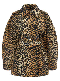 Ganni Leopard Duchesse Nylon Short Trench Coat Brown