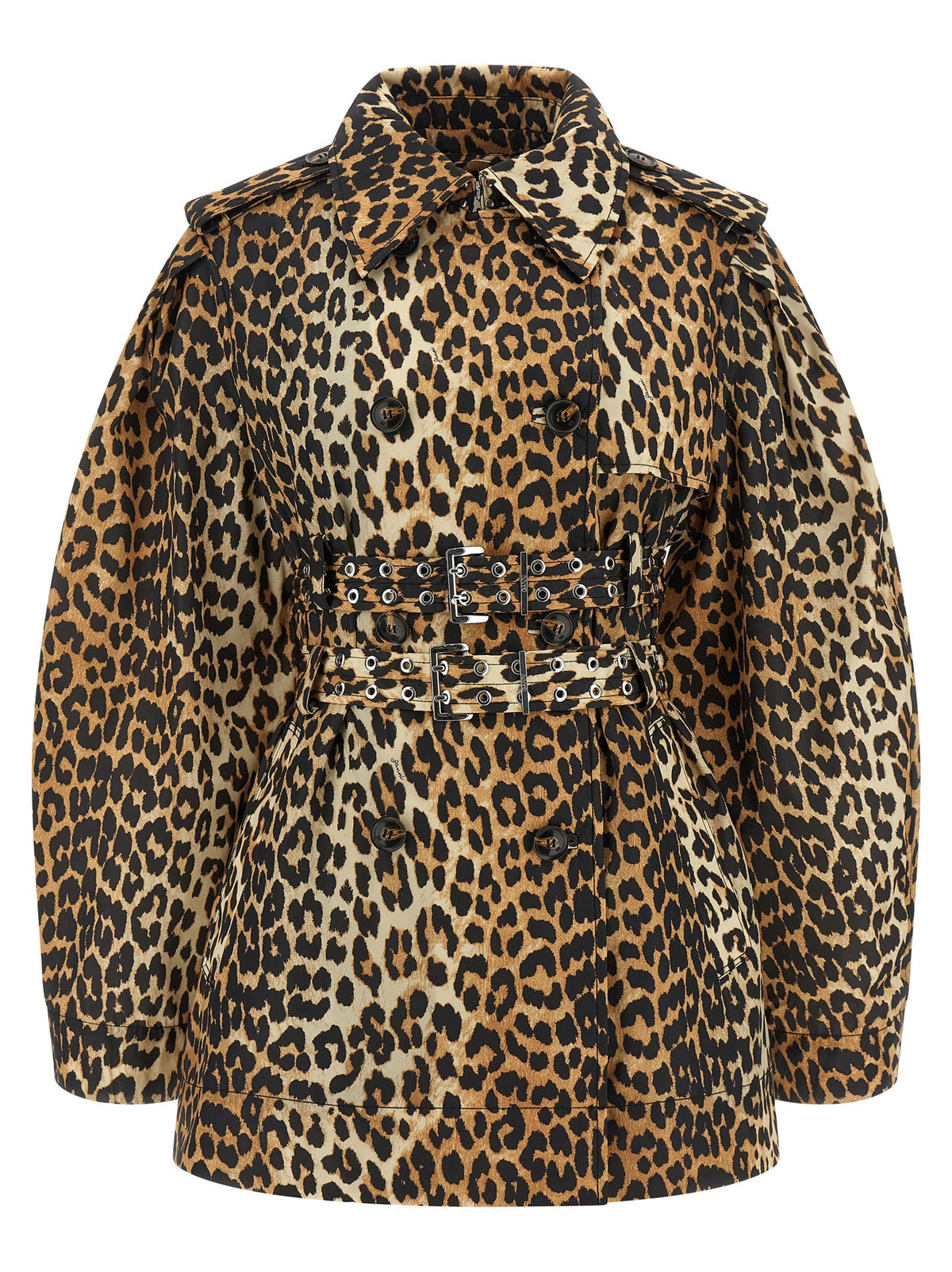 Ganni Leopard Duchesse Nylon Short Trench Coat Brown, view 2