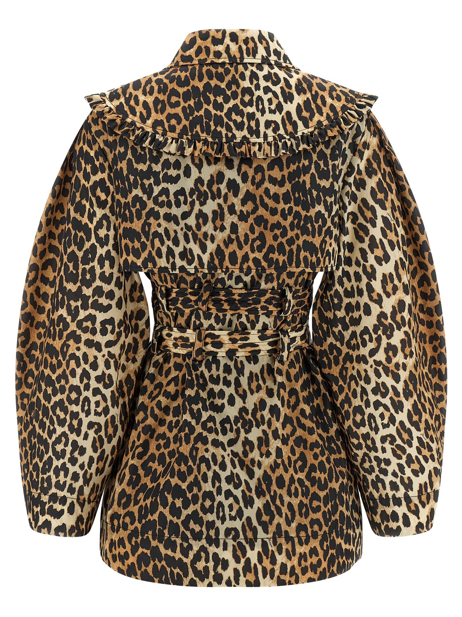 Ganni Leopard Duchesse Nylon Short Trench Coat Brown
