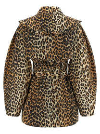 Ganni Leopard Duchesse Nylon Short Trench Coat Brown