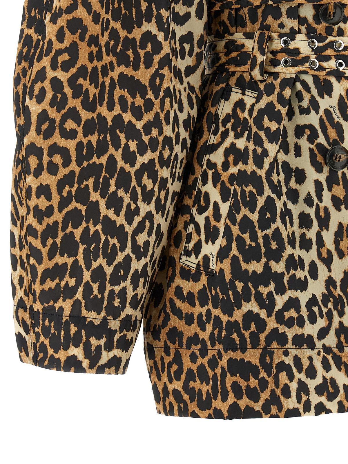 Ganni Leopard Duchesse Nylon Short Trench Coat Brown