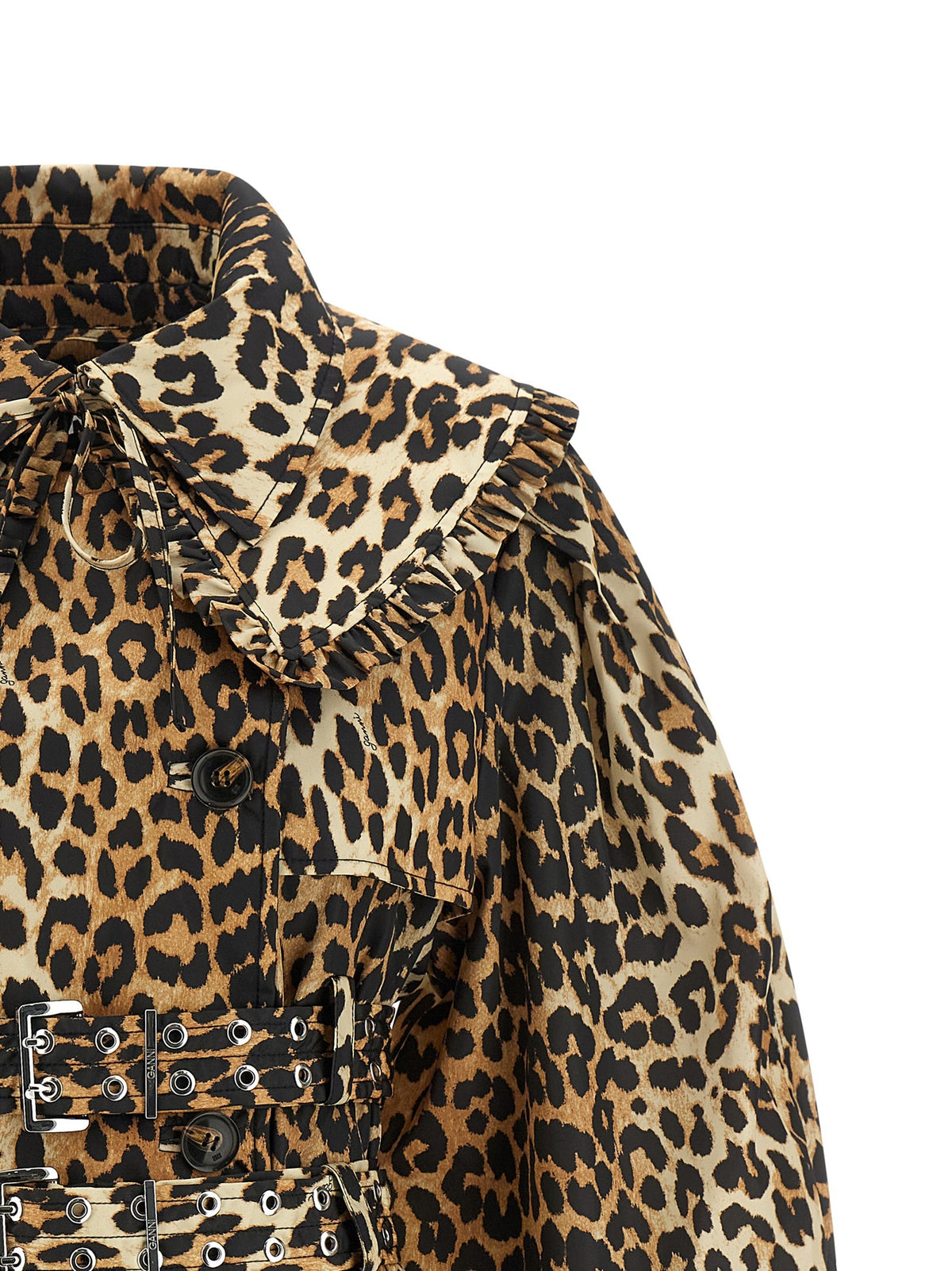Ganni Leopard Duchesse Nylon Short Trench Coat Brown