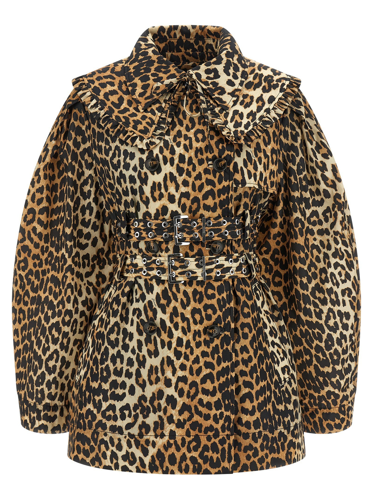 Ganni Leopard Duchesse Nylon Short Trench Coat Brown