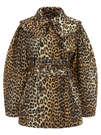 Ganni Leopard Duchesse Nylon Short Trench Coat Brown