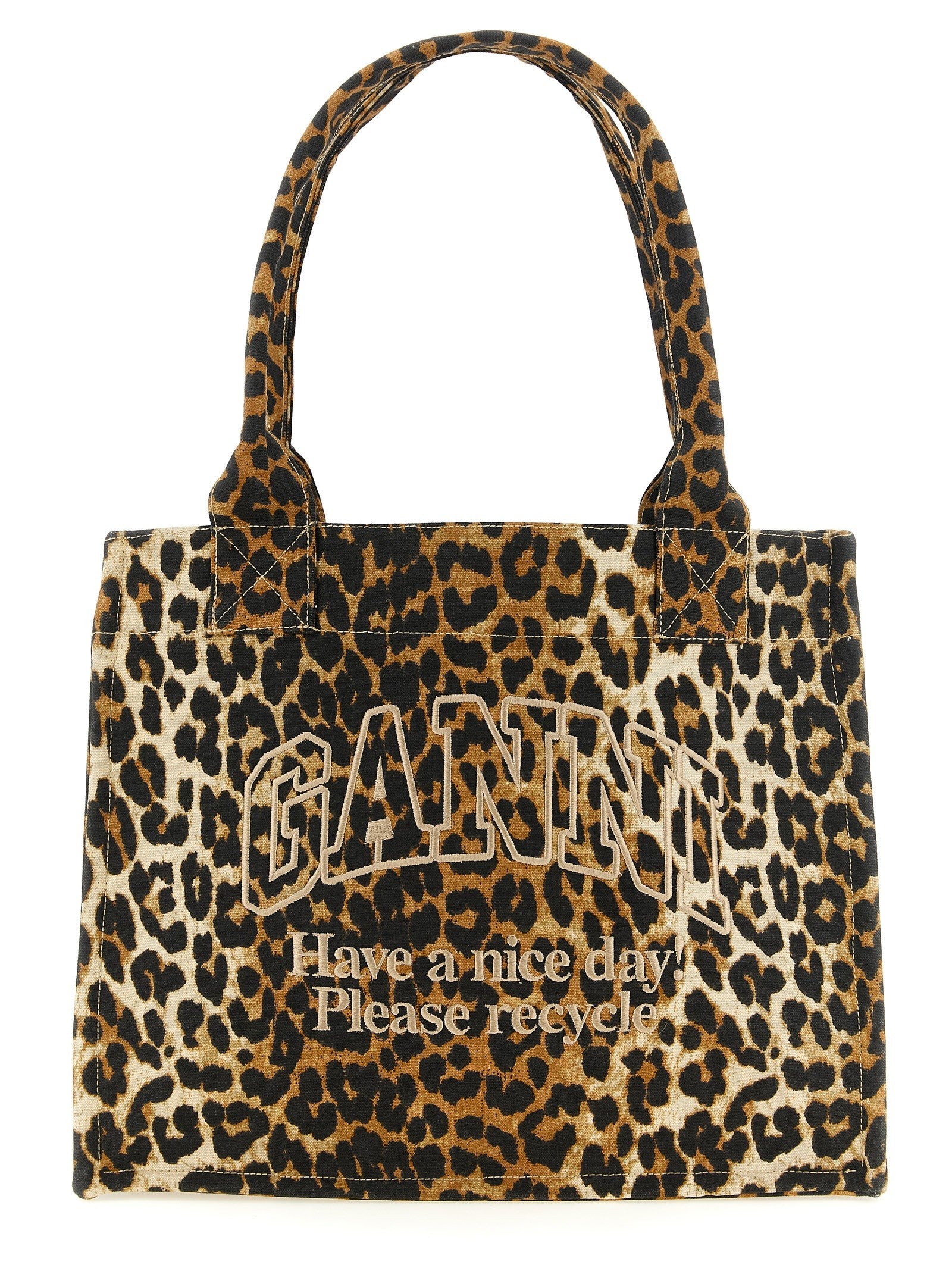 Ganni Leopard Large Shopping Bag Brown