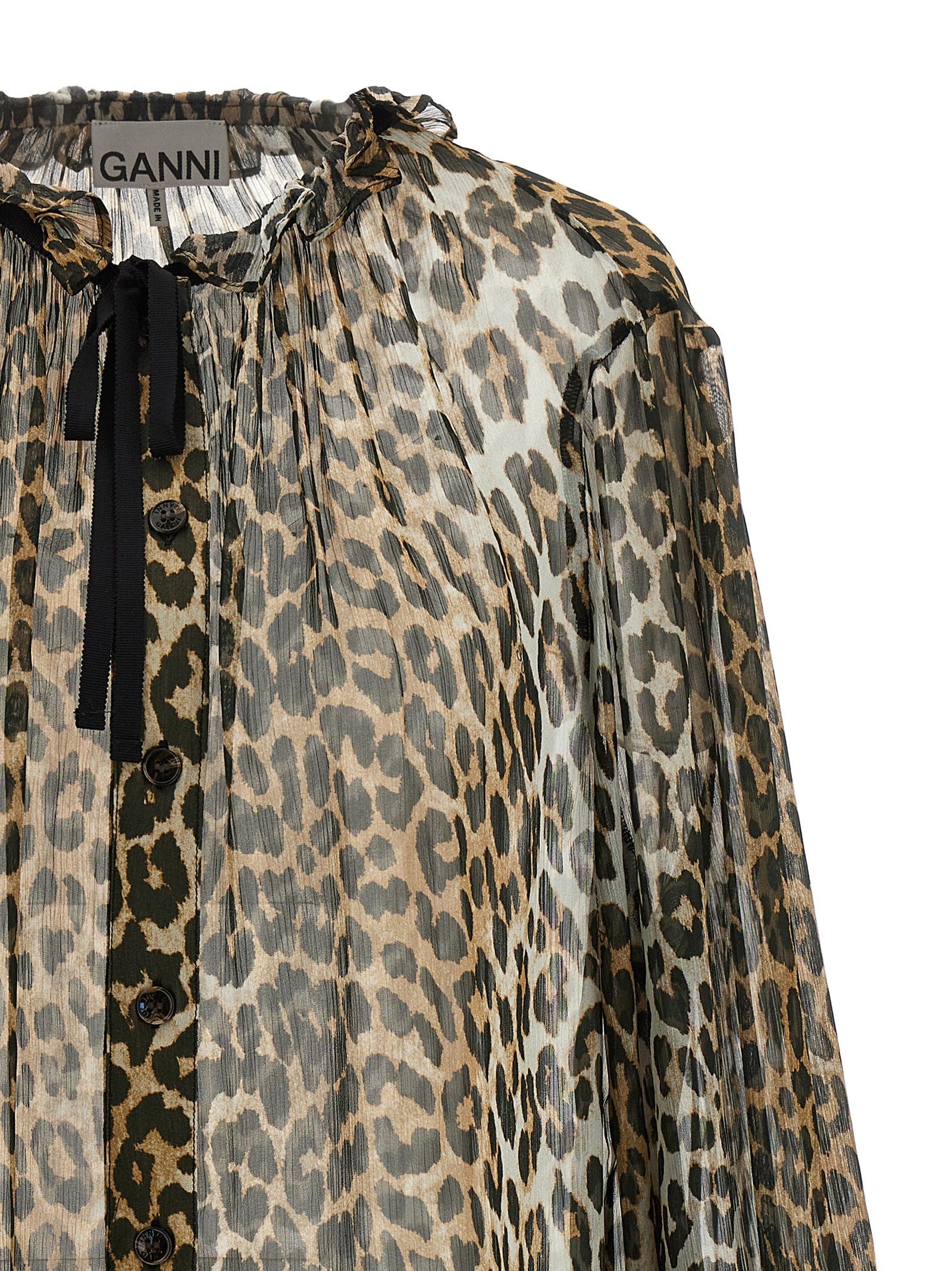 Ganni Leopard Print Chiffon Tie String Shirt Brown