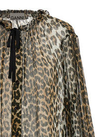 Ganni Leopard Print Chiffon Tie String Shirt Brown
