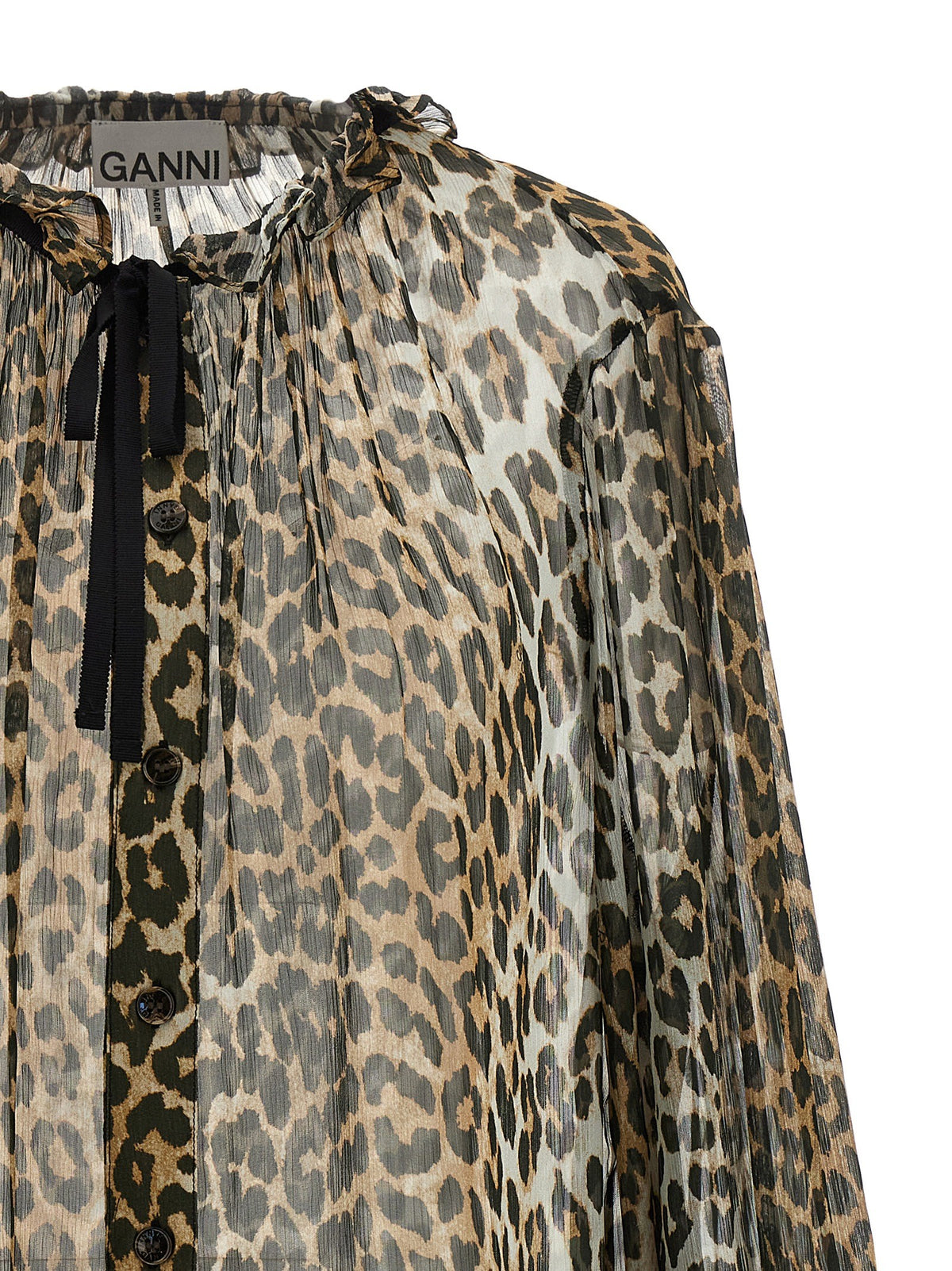 Ganni Leopard Print Chiffon Tie String Shirt Brown, view 3
