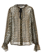 Ganni Leopard Print Chiffon Tie String Shirt Brown