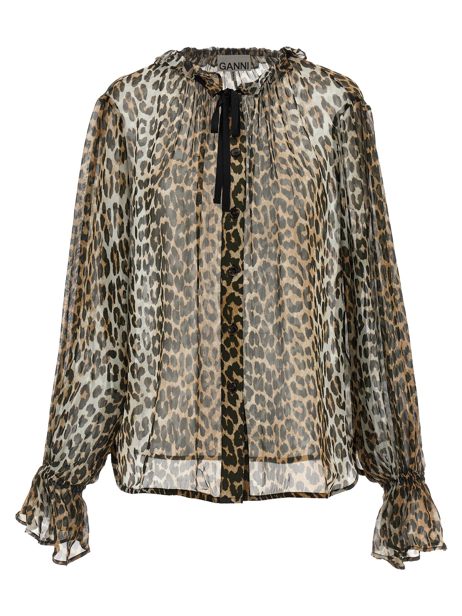 Ganni Leopard Print Chiffon Tie String Shirt Brown
