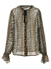 Ganni Leopard Print Chiffon Tie String Shirt Brown