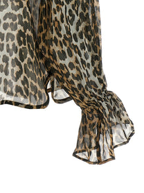Ganni Leopard Print Chiffon Tie String Shirt Brown