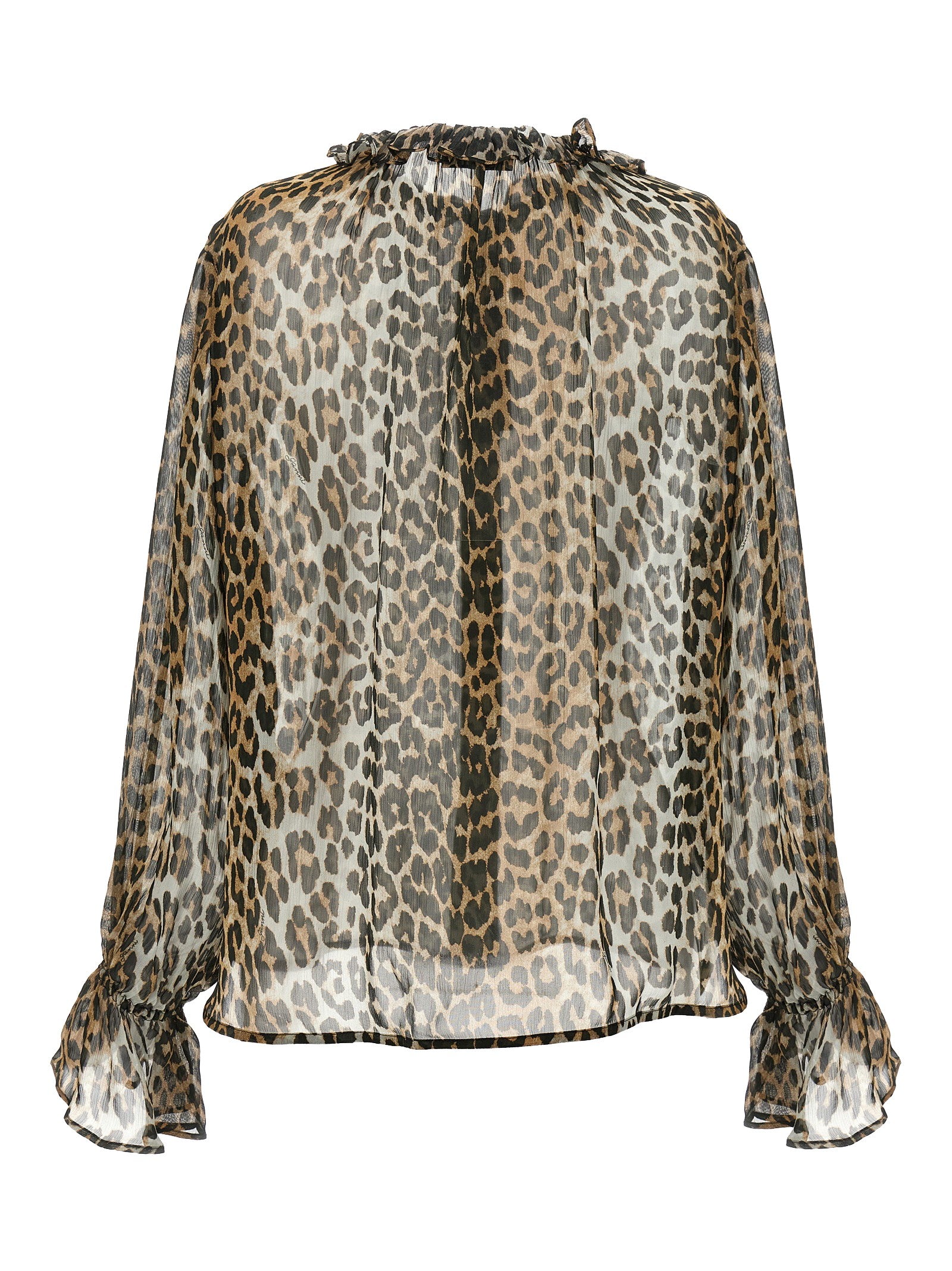 Ganni Leopard Print Chiffon Tie String Shirt Brown