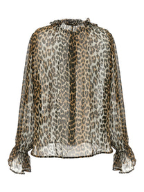 Ganni Leopard Print Chiffon Tie String Shirt Brown