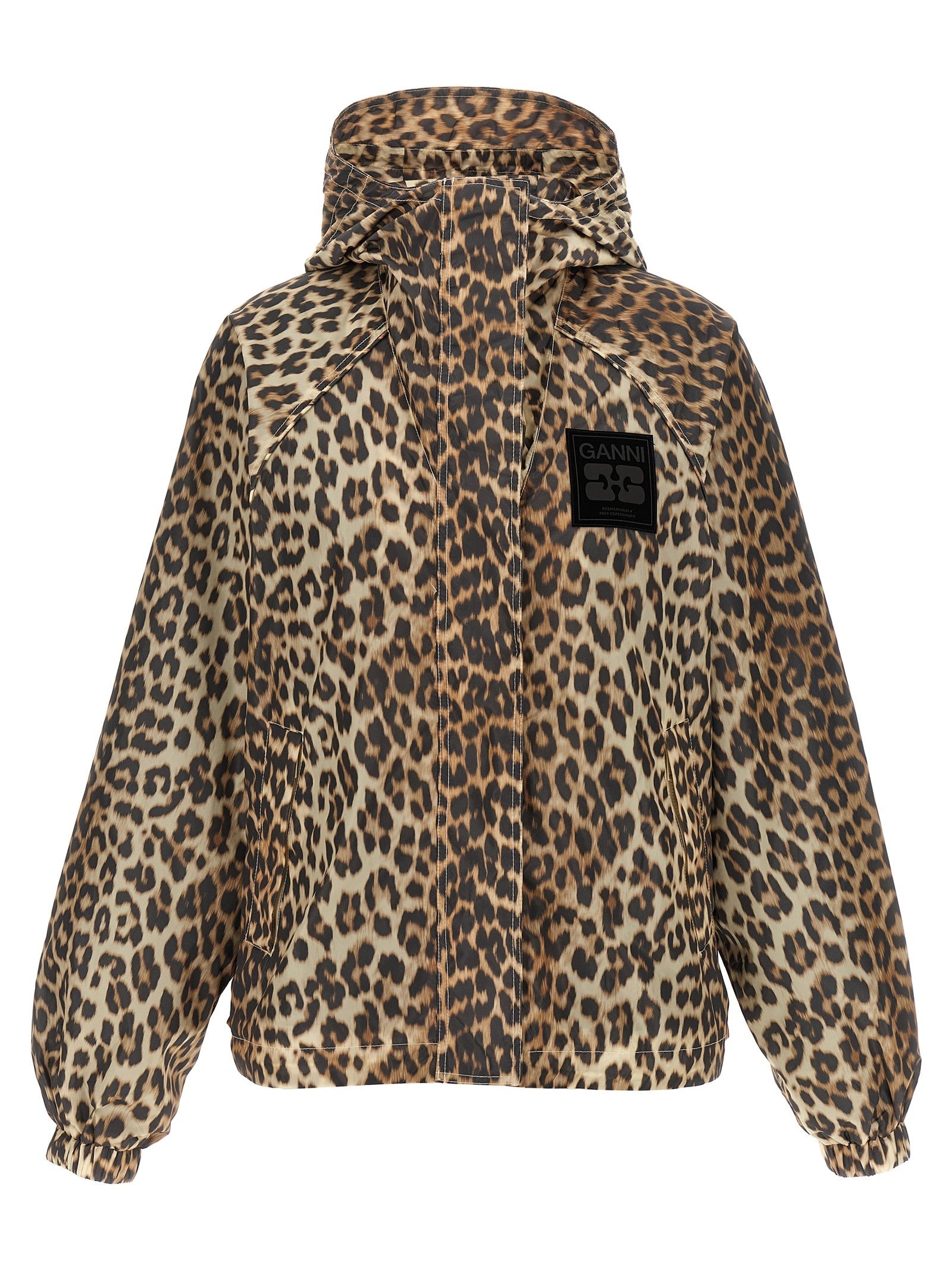 Ganni Leopard Print Nylon Windbreaker Gold