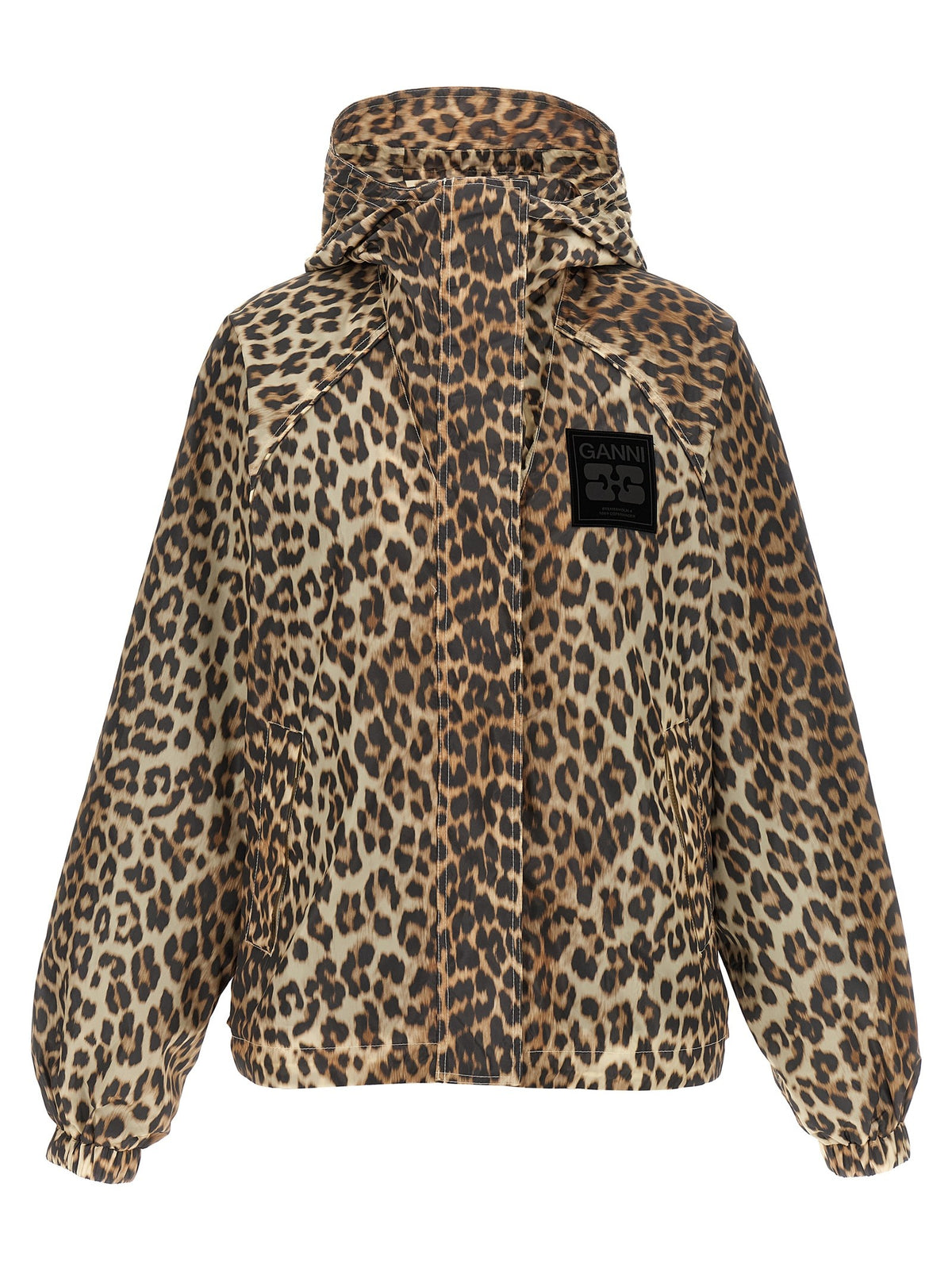 Ganni Leopard Print Nylon Windbreaker Gold