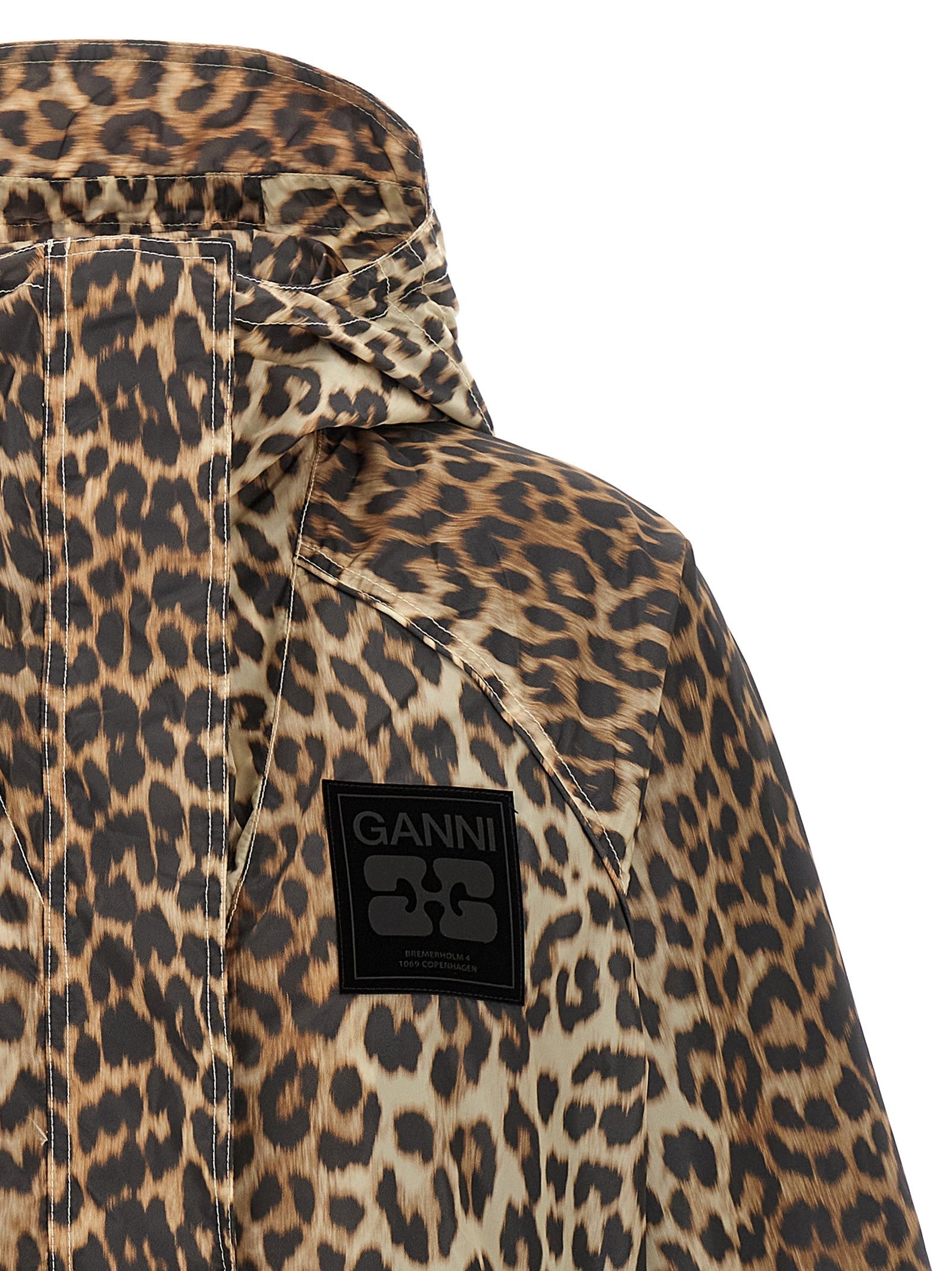 Ganni Leopard Print Nylon Windbreaker Gold