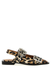 Ganni Leopard Satin Feminine Buckle Slingback Gold