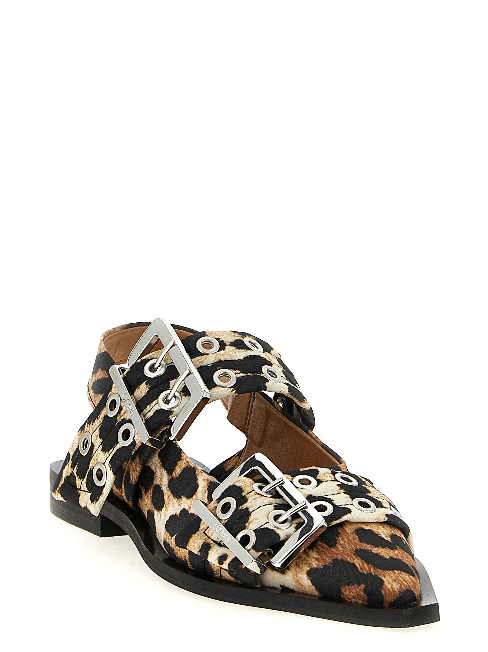 Ganni Leopard Satin Feminine Buckle Slingback Gold
