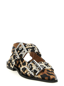 Ganni Leopard Satin Feminine Buckle Slingback Gold