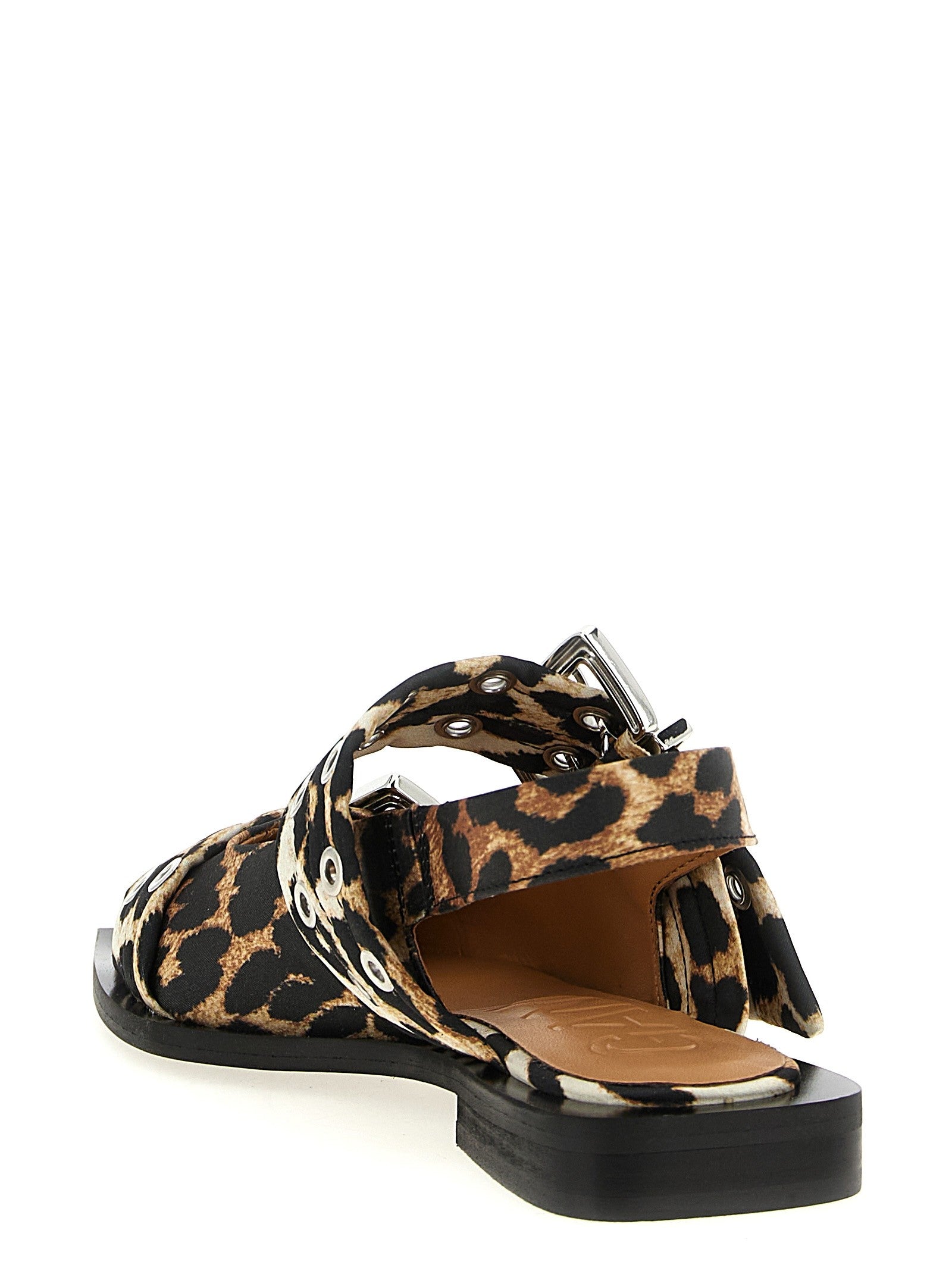 Ganni Leopard Satin Feminine Buckle Slingback Gold